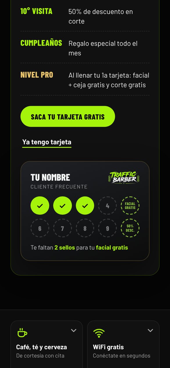 Tarjeta de sellos de Traffic Barber en el celular